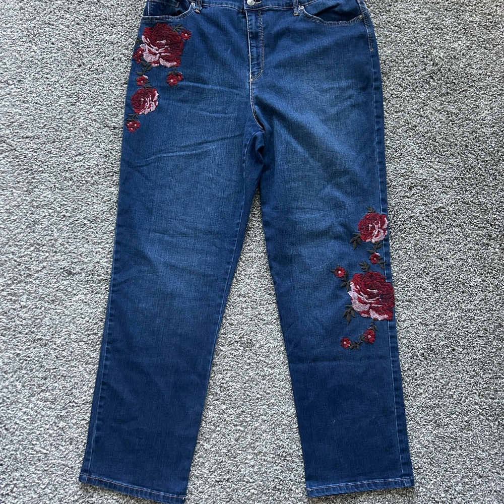 Gloria Vanderbilt Blue Straight Leg Jeans with Floral Embroidery